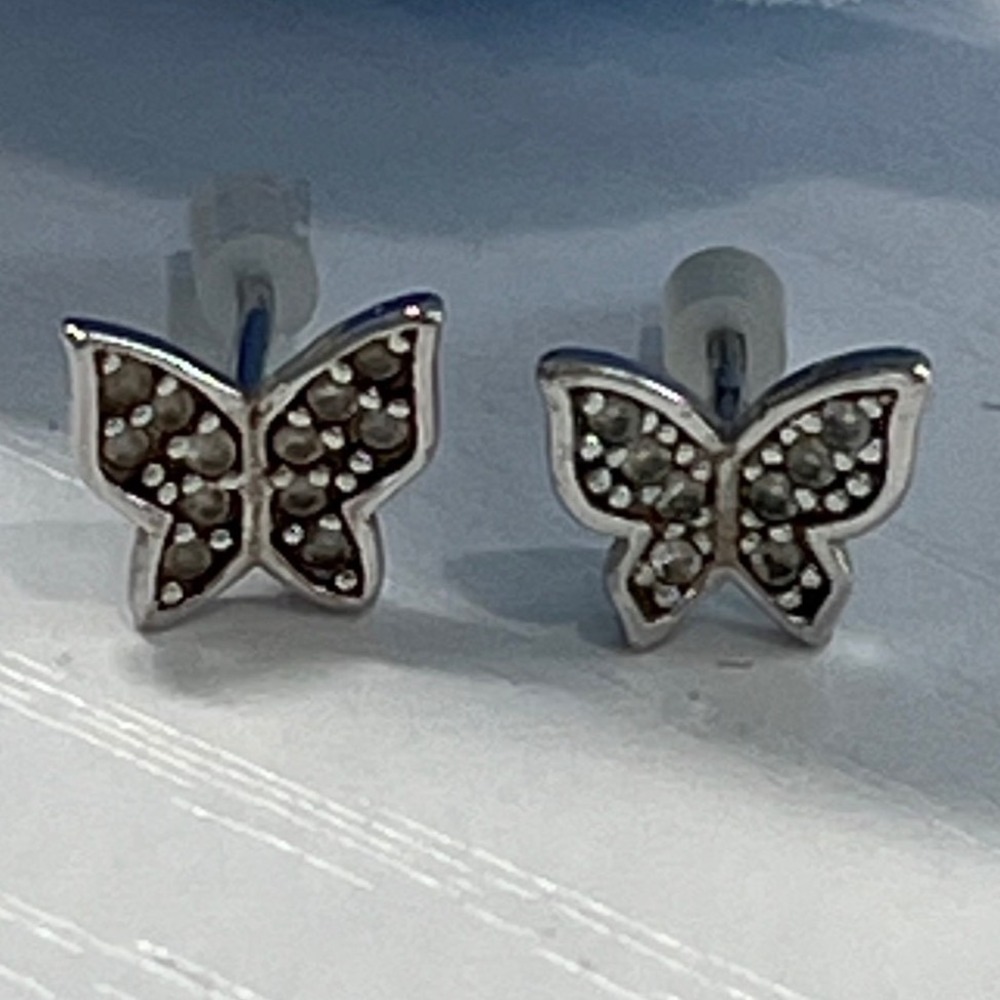 Tiny Silver Tone‎ Butterfly Stud Earrings Pave Insect Jewelry